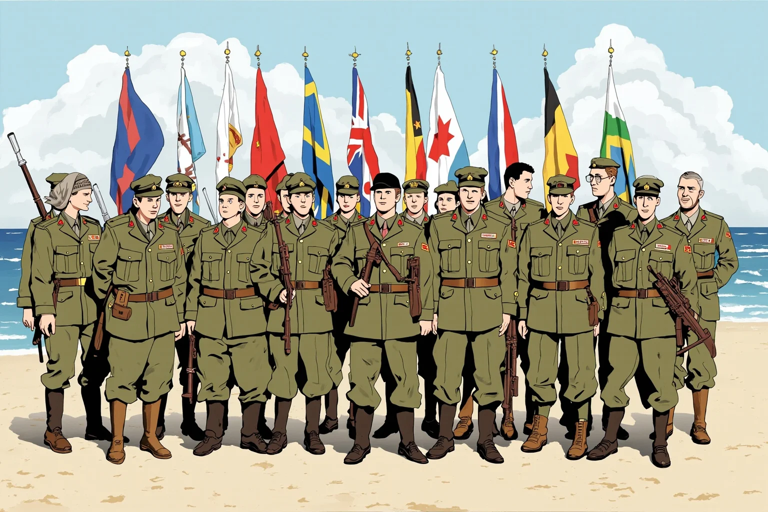 The Turning Point? 20 Facts About the Battle of Normandy 20 Group of diverse Allied soldiers in different national uniforms standing together on a beach, flags in the background, illustrative style