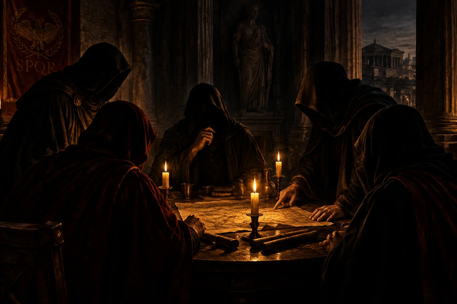Group of hooded conspirators around a candlelit table in ancient Rome, dramatic shadows, historical illustration style, no recognizable faces