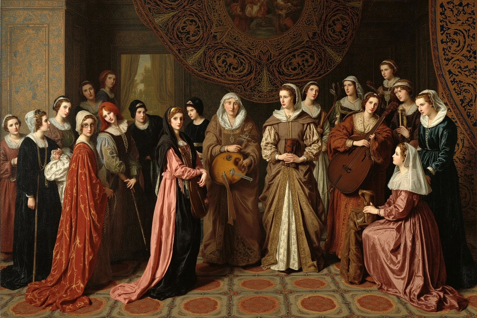 20 Facts About Anne Boleyn: Myths, History and Real Life 5 Group of Tudor ladies-in-waiting in a palace chamber attending a queen, with musical instruments and ornate tapestries, illustrated style