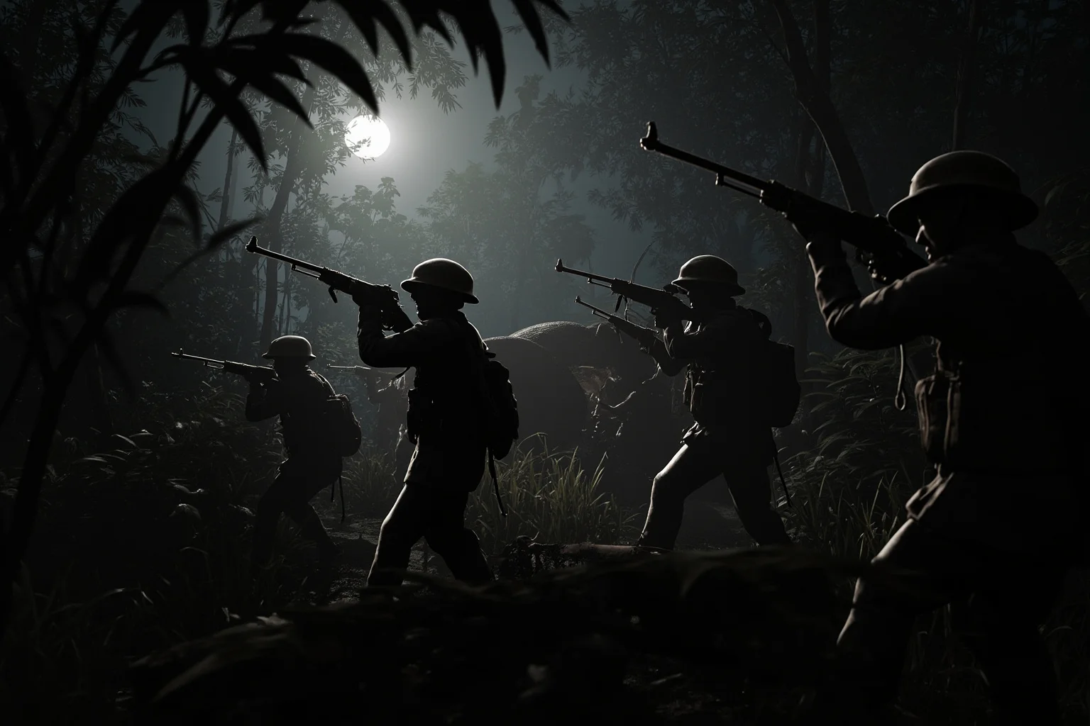 Military Tactics That Seemed Brilliant: 20 That Were Pure Desperation 11 Guerrilla fighters in a dense jungle setting an ambush, World War II era, tense and shadowy atmosphere