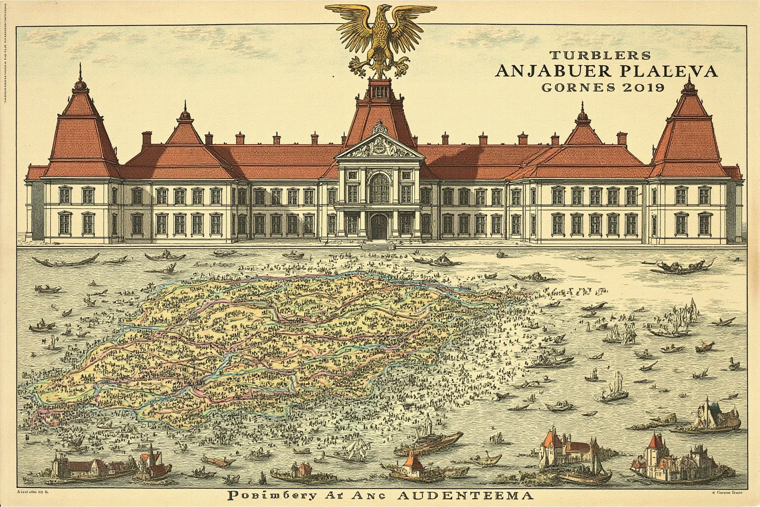 Habsburg-era European palace with imperial double-headed eagle crest and a map showing their vast territories