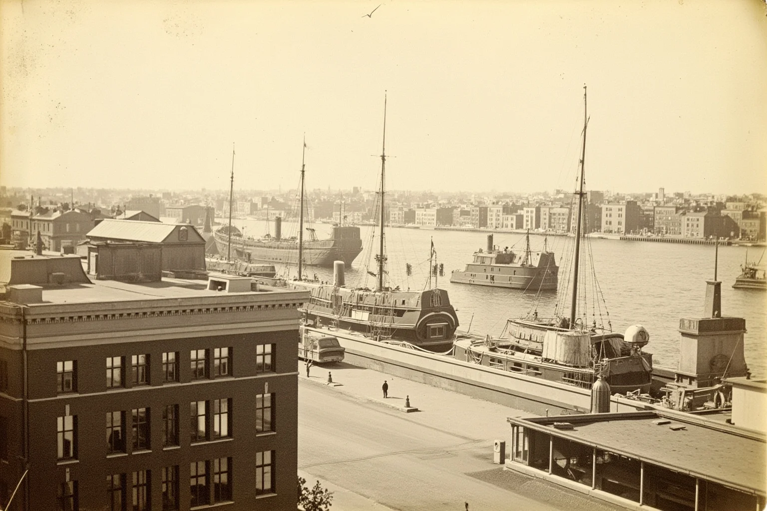 Old Money: 24 Hidden Dynasties That Shaped the Course of History 9 Hamburg harbor in the late 19th century with merchant ships and brick warehouses, a bank building facade in the foreground, no identifiable figures, sepia-toned photograph style.
