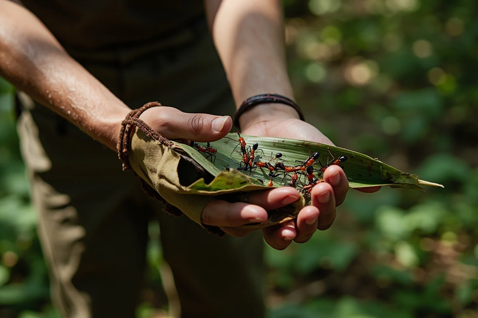 Hands wearing a woven leaf glove decorated with bullet ants, set against Amazon rainforest background, documentary-style illustration