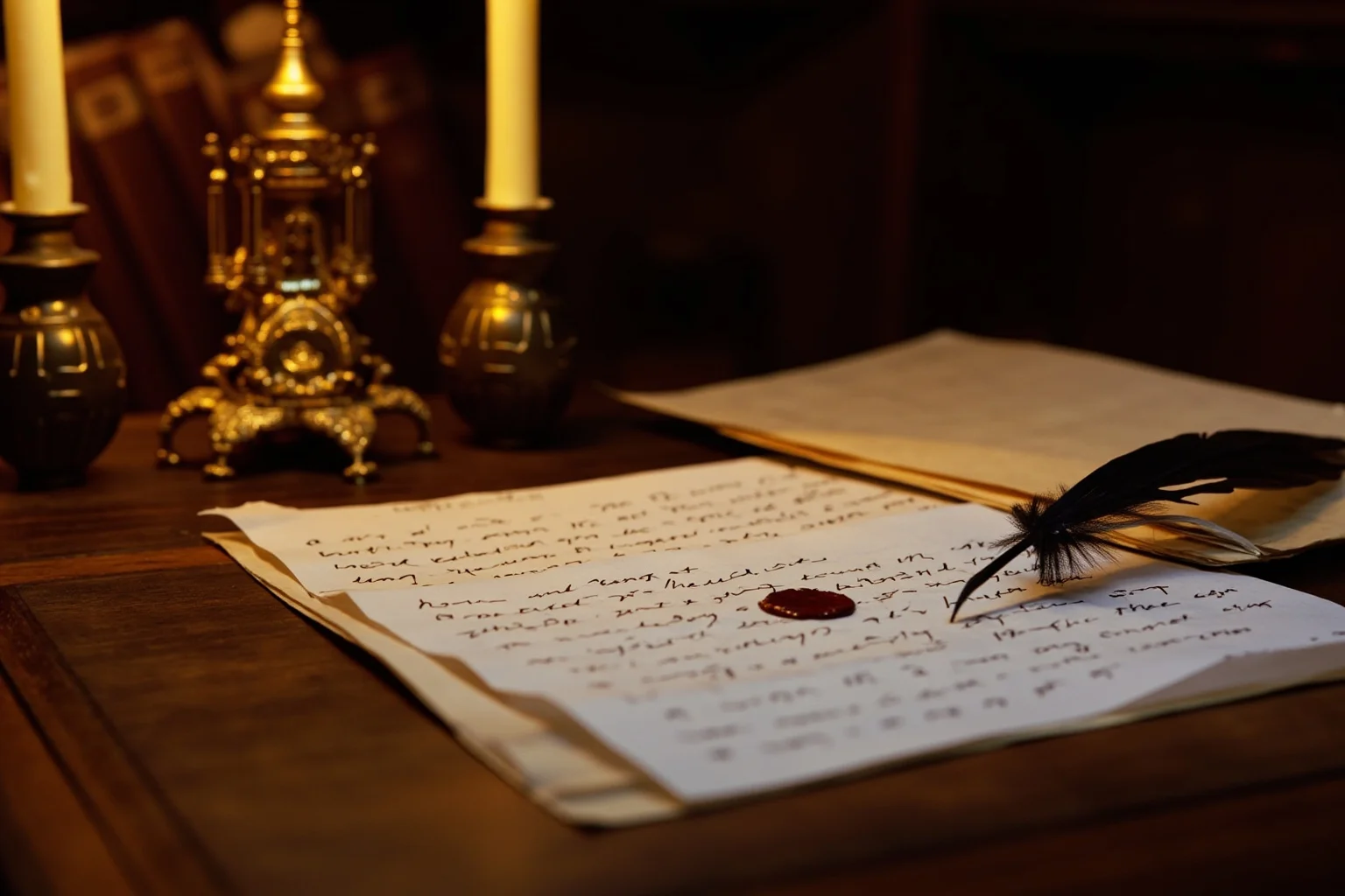 20 Facts About Anne Boleyn: Myths, History and Real Life 8 Handwritten Tudor love letters with a wax seal on a wooden desk beside a quill, candlelight, a Vatican library shelf behind