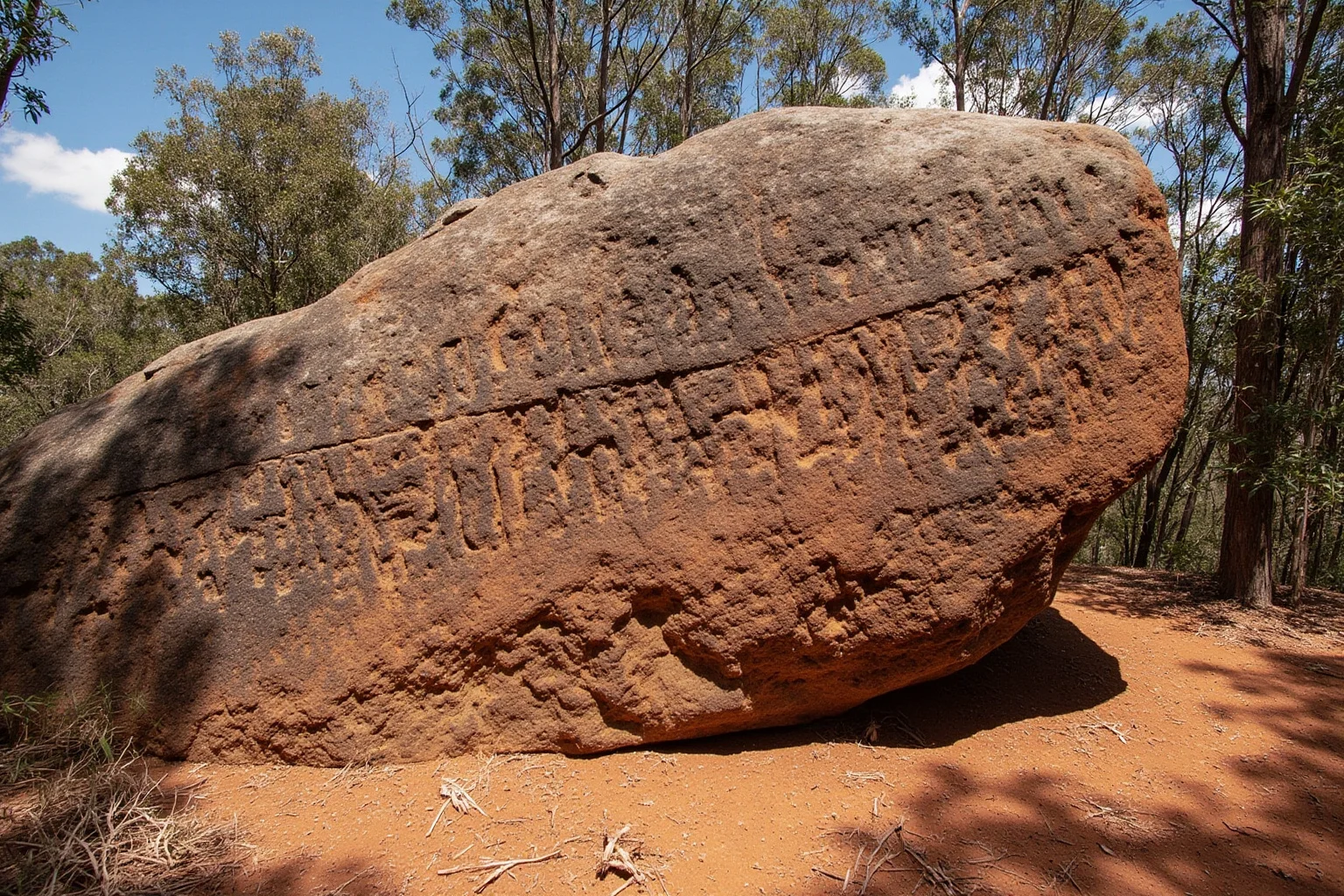 Hieroglyphs carved into rock in Gosford, Australia, resembling Egyptian writing, bushland setting, photorealistic