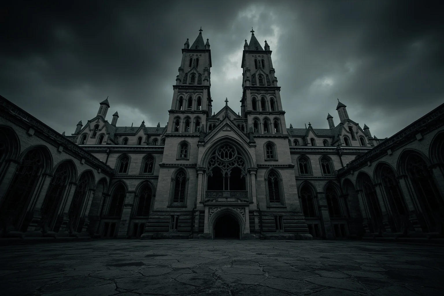 High Victorian Gothic asylum towers silhouetted against a stormy sky, cracked stonework, empty forecourt, no people, photorealistic.