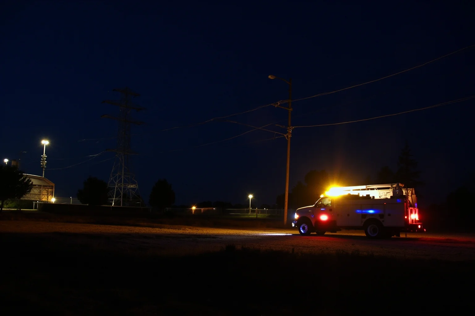 High-voltage power lines and a water treatment facility at night, utility truck with hazard lights, wide documentary shot