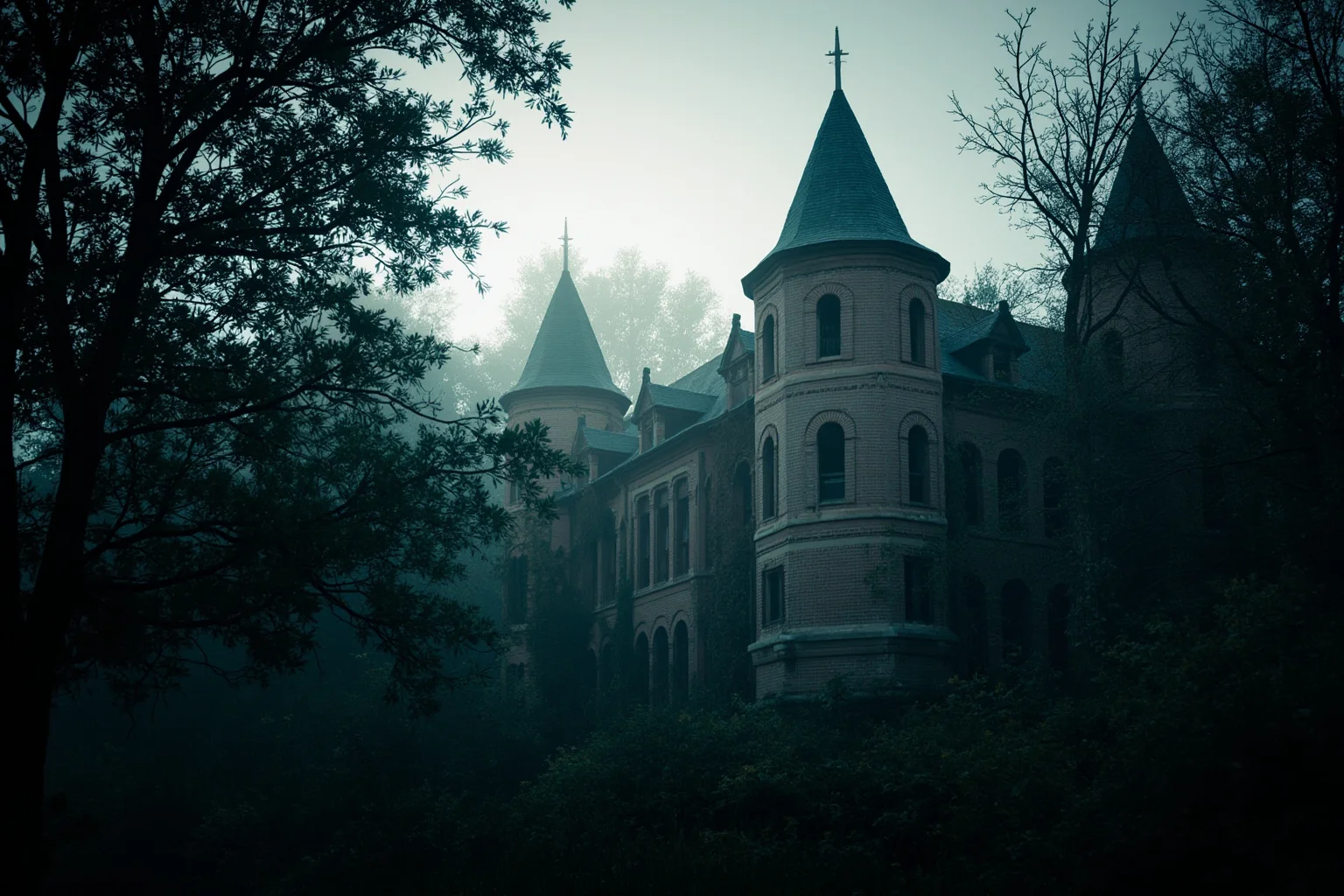 Hilltop Gothic asylum with pointed towers seen through misty trees, broken windows, ivy on brick, no people, eerie but safe-for-work photorealistic scene.