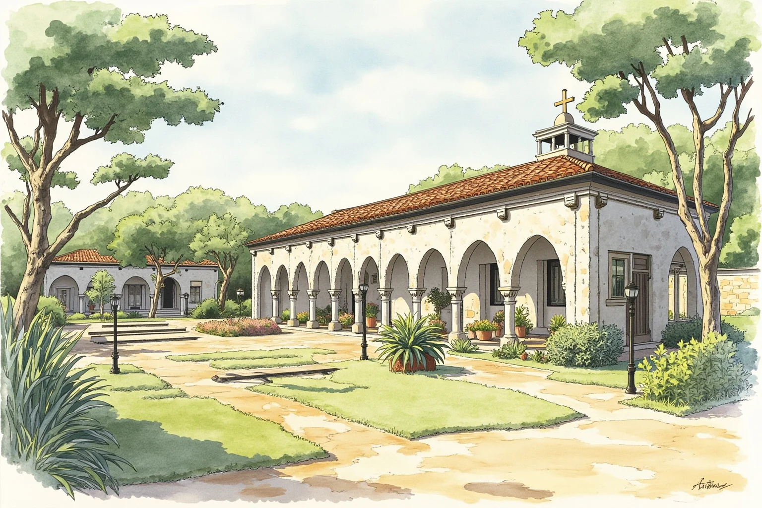 Historic leprosarium courtyard in a quiet hillside setting, gentle watercolor style, compassionate mood