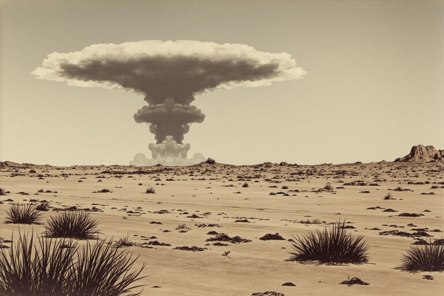 Things Americans Did First Before Any Other Country 4 Historical depiction of a 1945 desert test site with a distant mushroom cloud, rendered as a somber archival-style illustration.