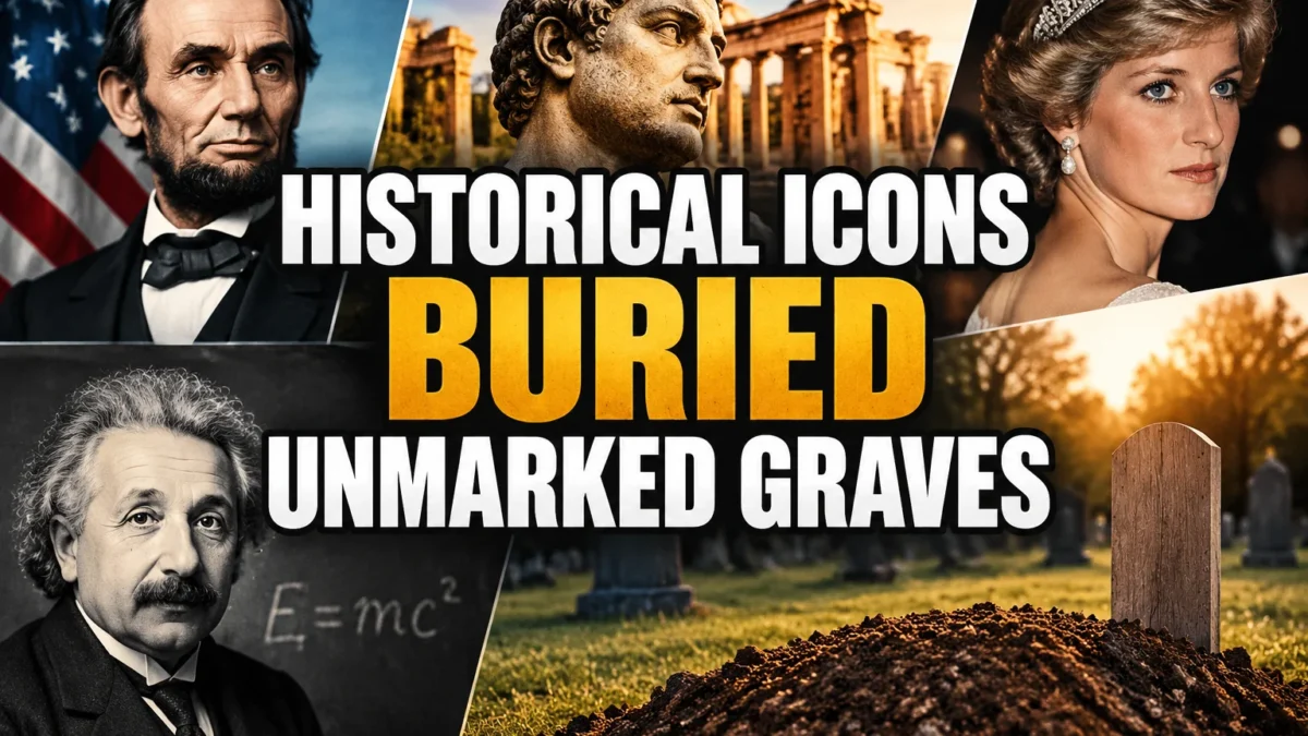A bold, high-impact blog featured image in the style of a professional YouTube thumbnail or documentary poster. Create a dramatic photo-collage montage of 3-5 distinct historical scenes, subjects, or artifacts directly relevant to "Historical Icons Buried in Unmarked Graves: 20 Famous Figures Without a Marker" — vivid, cinematic documentary-photography style, rich color grading, high contrast, dynamic diagonal composition blending the scenes together. Overlay a large, bold, stacked headline of text on top reading exactly: "HISTORICAL ICONS BURIED UNMARKED GRAVES". Render the headline in a heavy, condensed, high-contrast font with a black outline/stroke for legibility, mixing white text with a single vibrant accent color (gold, red, or orange) on the most important word or phrase for emphasis, spelled correctly. The headline text must be the dominant visual element — large, bold, and easy to read even at small thumbnail size. Vibrant, punchy, professional commercial photography and graphic-design composition. 16:9 landscape. Keep the headline text within the vertical center safe zone, away from the very top and bottom edges of the frame, since the image may be cropped afterward. No watermarks, no logos, no extra captions or invented text beyond the headline itself.