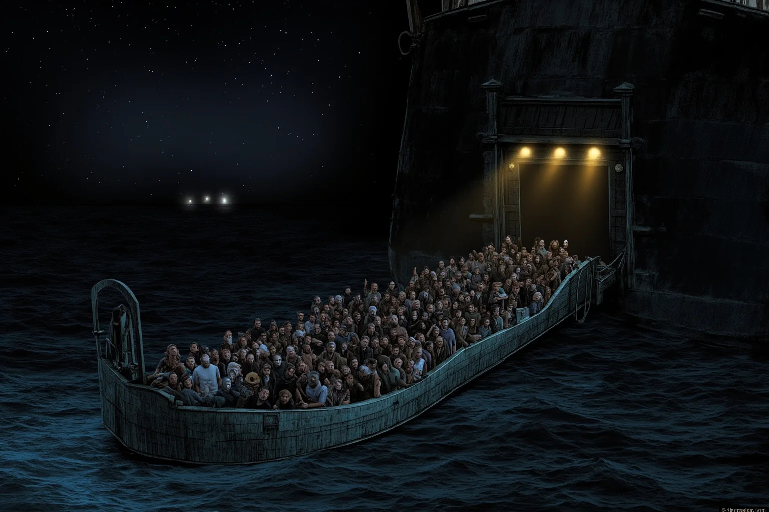 The Sinking of the Titanic: How the Unsinkable Ship Fell to the Ocean Floor 4 Historical illustration of a crowded lifeboat being lowered from the Titanic at night, cold dark water, distant lights, somber and dramatic tone.
