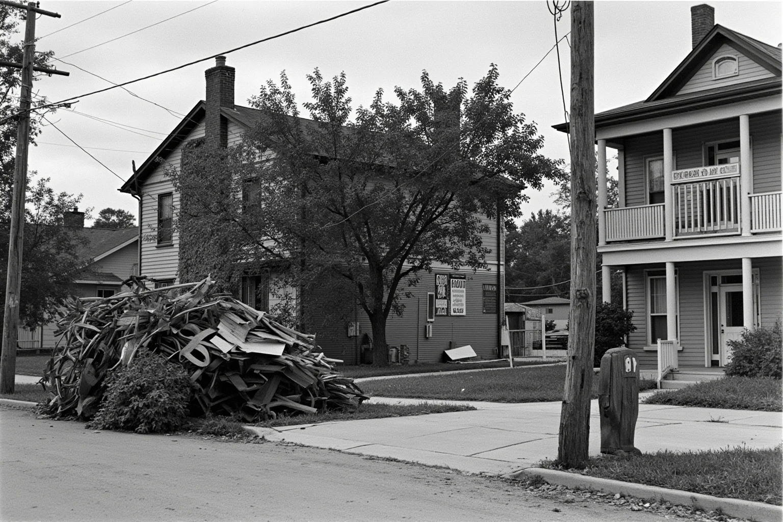 Home front scene with victory garden, scrap metal pile, and war bond posters on a 1940s American street