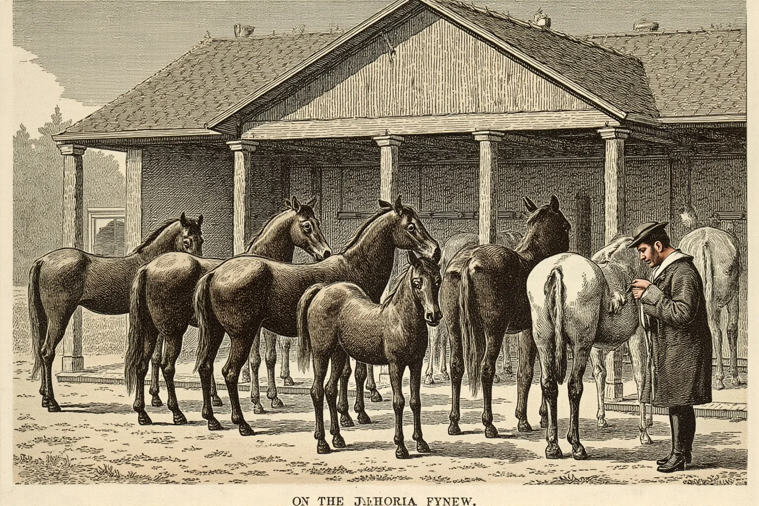Horses and mules in a 1910s stable with a veterinarian examining an animal, vintage illustration style