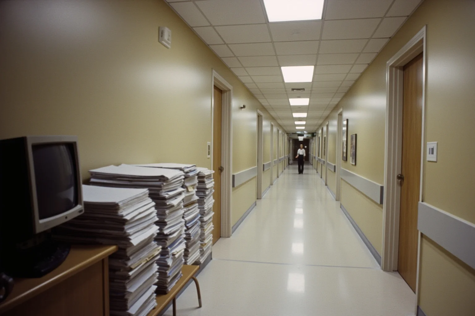 Hospital corridor in 1999 with a nurse's station, clipboards of paper records stacked beside an older CRT monitor, calm clinical lighting