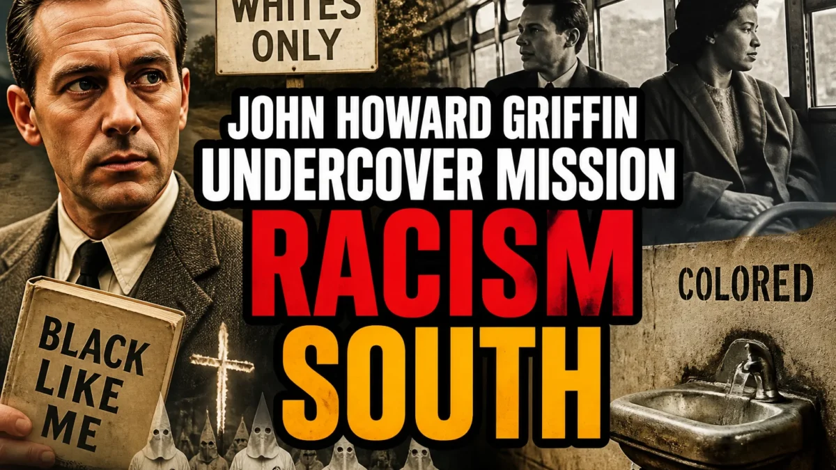 A bold, high-impact blog featured image in the style of a professional YouTube thumbnail or documentary poster. Create a dramatic photo-collage montage of 3-5 distinct historical scenes, subjects, or artifacts directly relevant to "How John Howard Griffin’s Undercover Mission Exposed Racism in the South" — vivid, cinematic documentary-photography style, rich color grading, high contrast, dynamic diagonal composition blending the scenes together. Overlay a large, bold, stacked headline of text on top reading exactly: "JOHN HOWARD GRIFFIN UNDERCOVER MISSION RACISM SOUTH". Render the headline in a heavy, condensed, high-contrast font with a black outline/stroke for legibility, mixing white text with a single vibrant accent color (gold, red, or orange) on the most important word or phrase for emphasis, spelled correctly. The headline text must be the dominant visual element — large, bold, and easy to read even at small thumbnail size. Vibrant, punchy, professional commercial photography and graphic-design composition. 16:9 landscape. Keep the headline text within the vertical center safe zone, away from the very top and bottom edges of the frame, since the image may be cropped afterward. No watermarks, no logos, no extra captions or invented text beyond the headline itself.