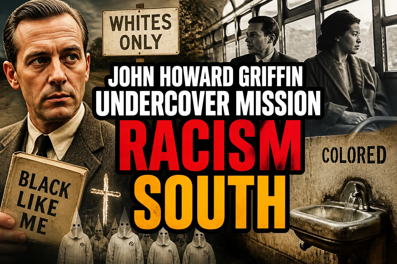 A bold, high-impact blog featured image in the style of a professional YouTube thumbnail or documentary poster. Create a dramatic photo-collage montage of 3-5 distinct historical scenes, subjects, or artifacts directly relevant to "How John Howard Griffin’s Undercover Mission Exposed Racism in the South" — vivid, cinematic documentary-photography style, rich color grading, high contrast, dynamic diagonal composition blending the scenes together. Overlay a large, bold, stacked headline of text on top reading exactly: "JOHN HOWARD GRIFFIN UNDERCOVER MISSION RACISM SOUTH". Render the headline in a heavy, condensed, high-contrast font with a black outline/stroke for legibility, mixing white text with a single vibrant accent color (gold, red, or orange) on the most important word or phrase for emphasis, spelled correctly. The headline text must be the dominant visual element — large, bold, and easy to read even at small thumbnail size. Vibrant, punchy, professional commercial photography and graphic-design composition. 16:9 landscape. Keep the headline text within the vertical center safe zone, away from the very top and bottom edges of the frame, since the image may be cropped afterward. No watermarks, no logos, no extra captions or invented text beyond the headline itself.