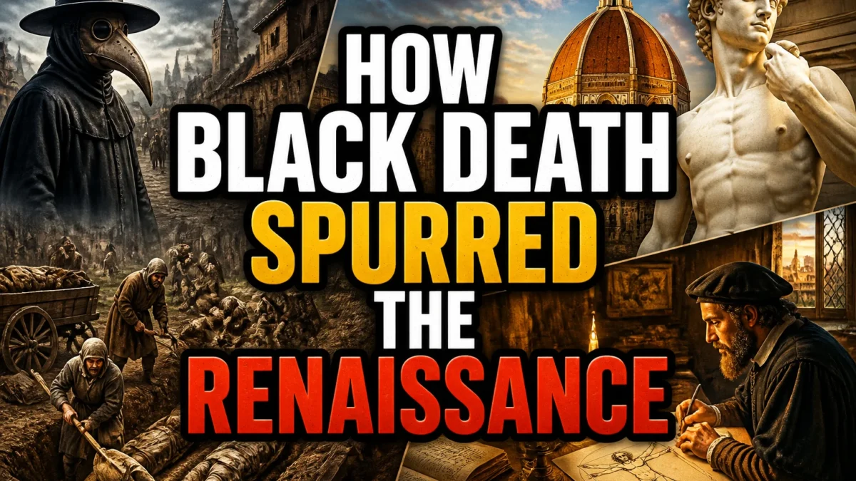 A bold, high-impact blog featured image in the style of a professional YouTube thumbnail or documentary poster. Create a dramatic photo-collage montage of 3-5 distinct historical scenes, subjects, or artifacts directly relevant to "How The Black Death Spurred The Renaissance" — vivid, cinematic documentary-photography style, rich color grading, high contrast, dynamic diagonal composition blending the scenes together. Overlay a large, bold, stacked headline of text on top reading exactly: "HOW BLACK DEATH SPURRED THE RENAISSANCE". Render the headline in a heavy, condensed, high-contrast font with a black outline/stroke for legibility, mixing white text with a single vibrant accent color (gold, red, or orange) on the most important word or phrase for emphasis, spelled correctly. The headline text must be the dominant visual element — large, bold, and easy to read even at small thumbnail size. Vibrant, punchy, professional commercial photography and graphic-design composition. 16:9 landscape. Keep the headline text within the vertical center safe zone, away from the very top and bottom edges of the frame, since the image may be cropped afterward. No watermarks, no logos, no extra captions or invented text beyond the headline itself.