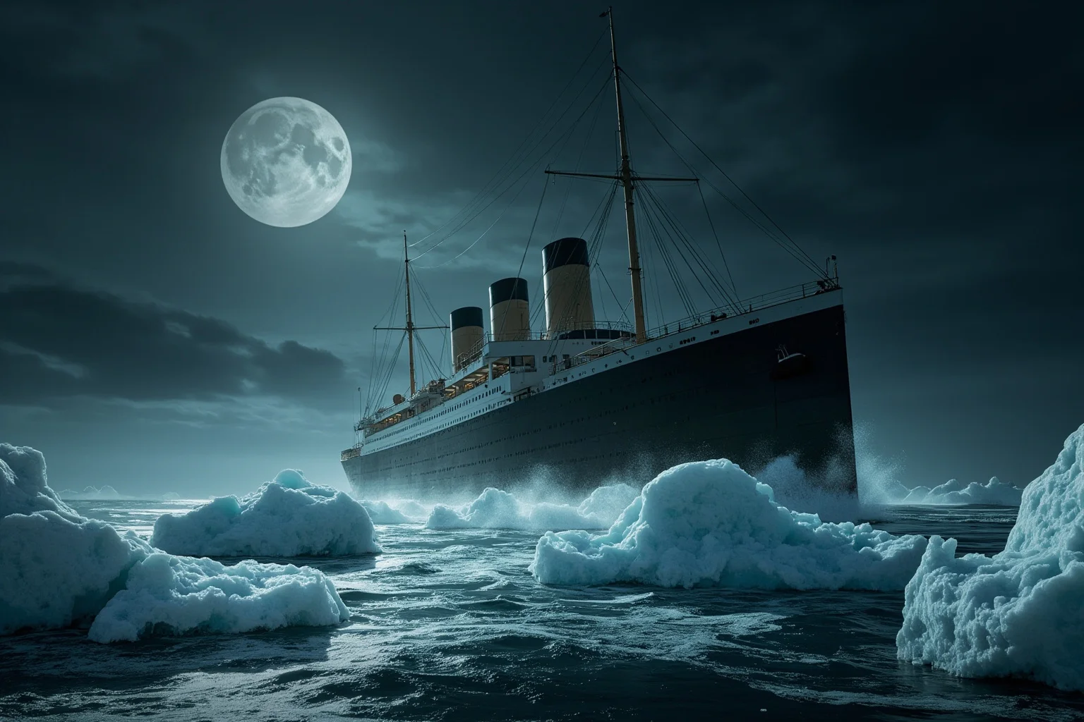 Huge early twentieth-century ocean liner passing an iceberg under a cold moonlit sky, dramatic maritime scene