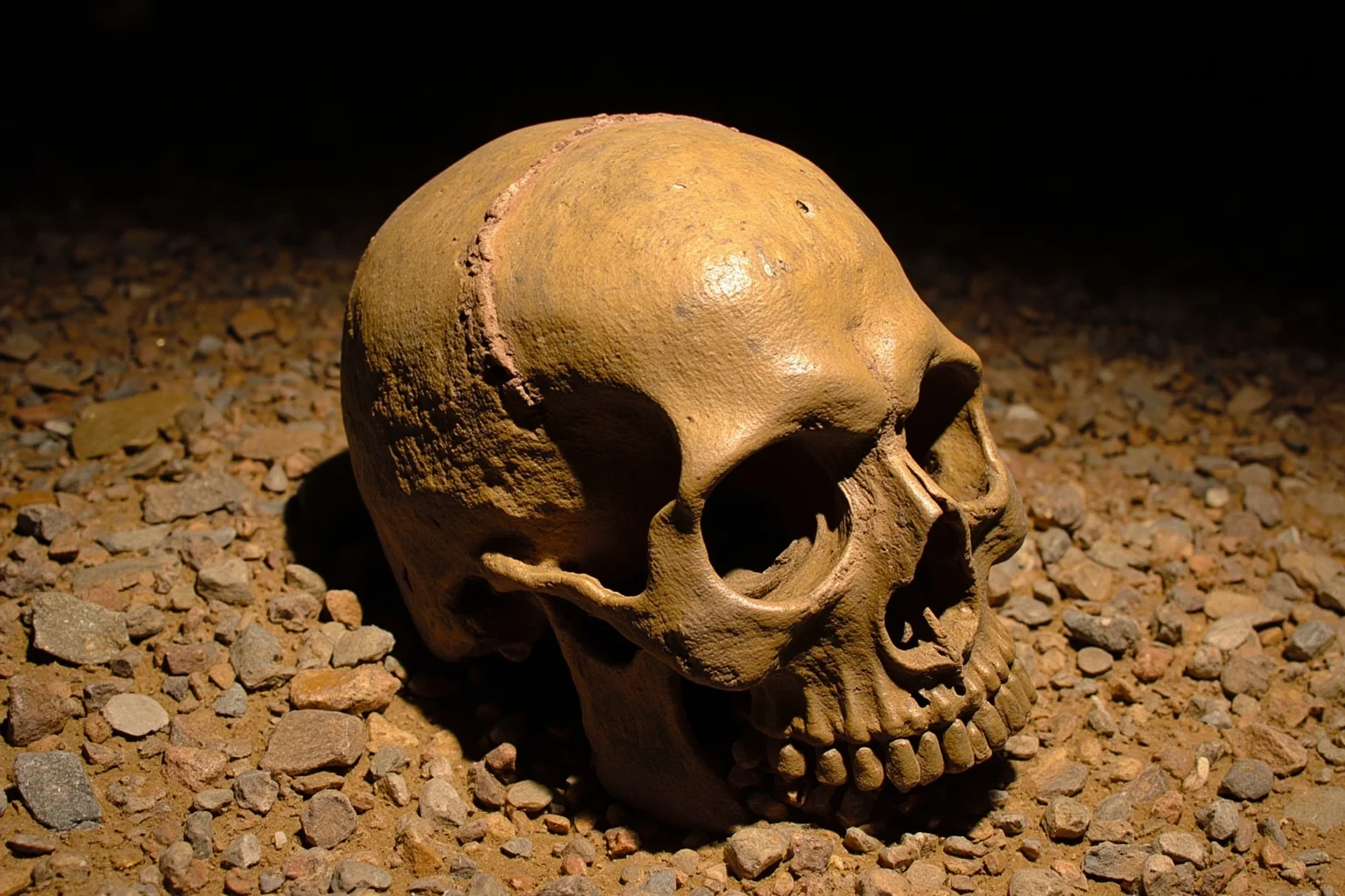 Human skull found in California gold mine, Tertiary gravel, 1860s mining setting, photorealistic
