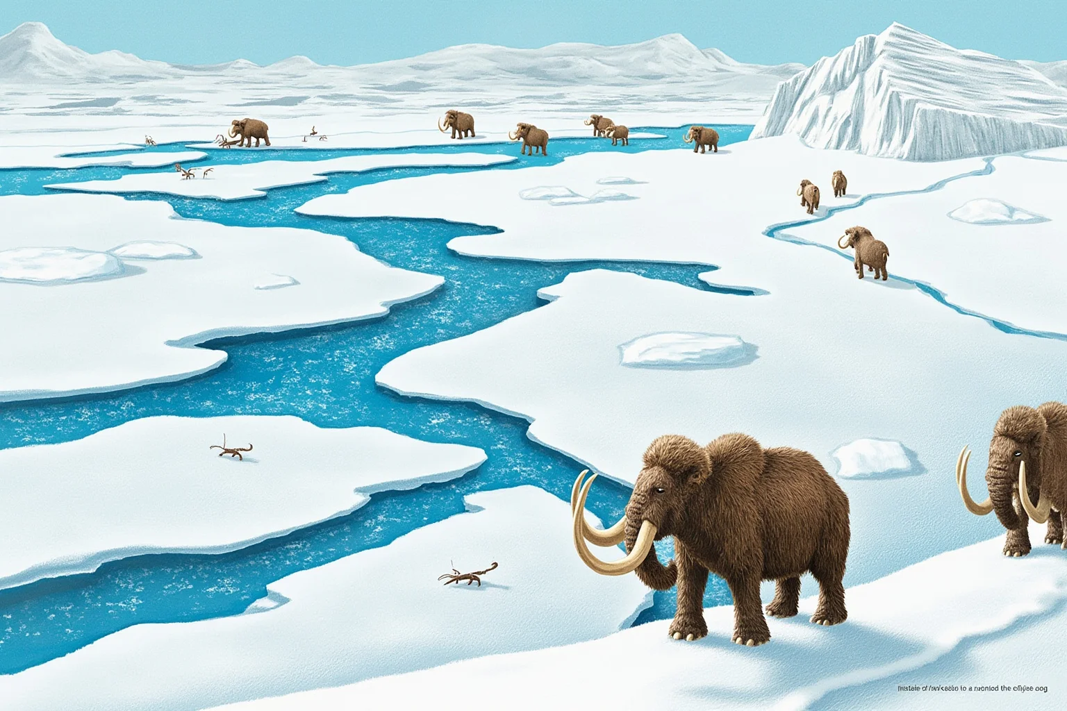 Ice Age landscape illustration of woolly mammoths crossing the Bering land bridge between Siberia and Alaska.