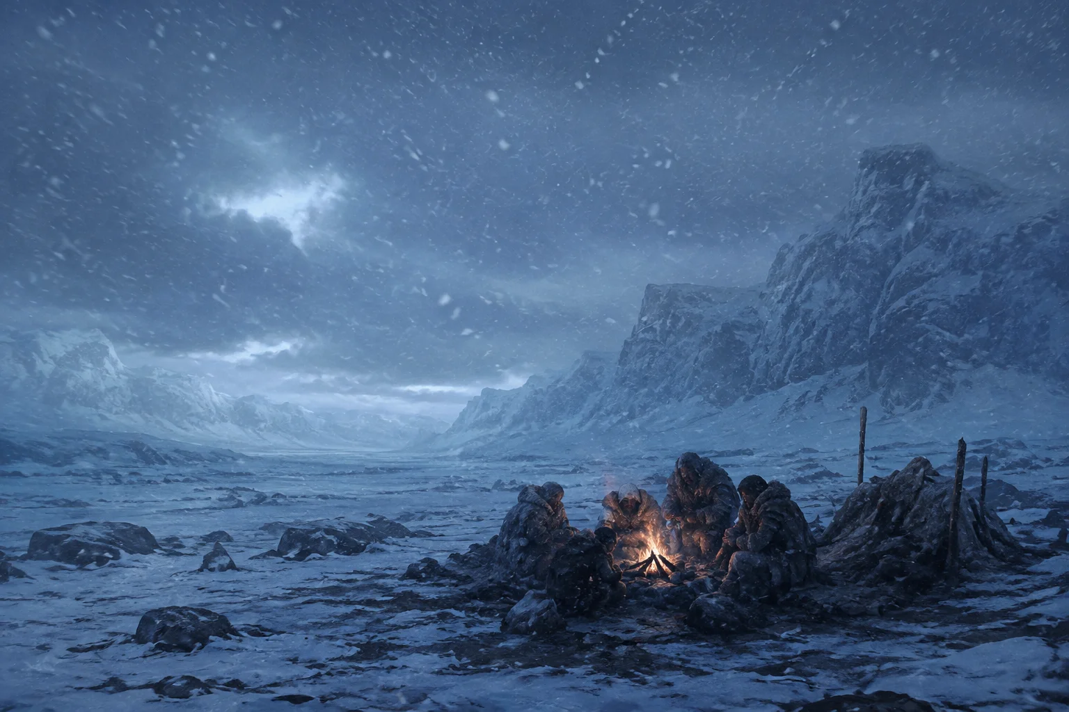 Ice age landscape with sparse human figures huddled near a fire, sudden snow falling, cold blue tones