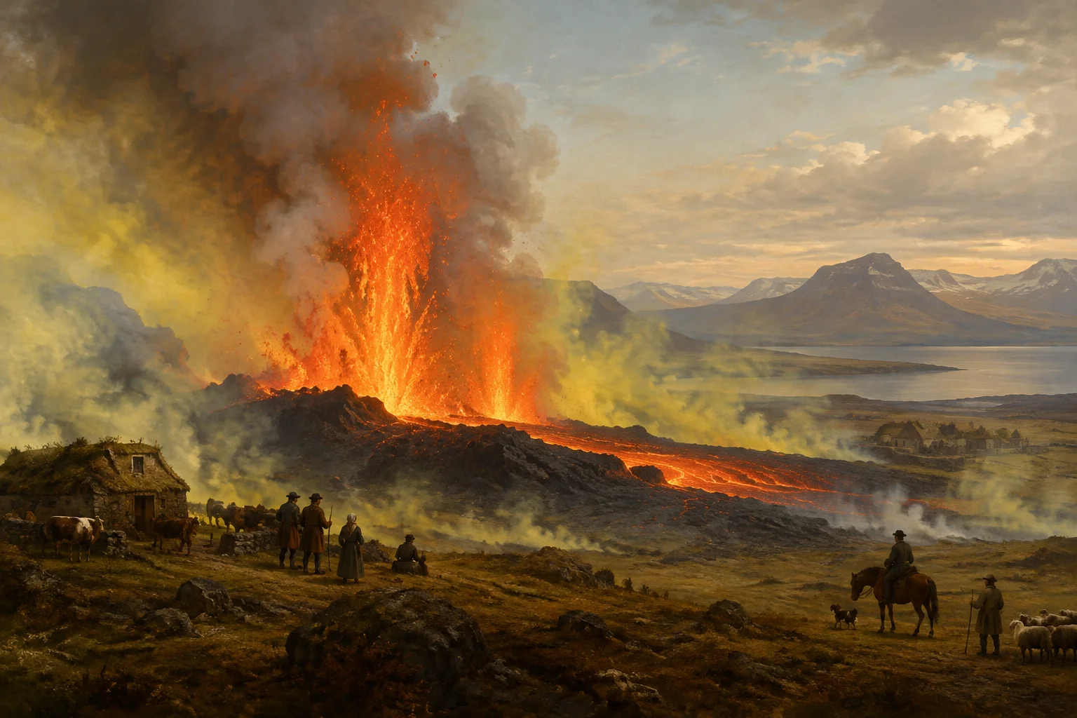 Icelandic volcanic fissure erupting with lava fountains and sulfur haze, 18th-century rural landscape