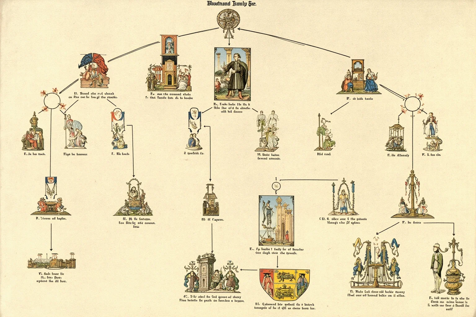 20 Facts About Anne Boleyn: Myths, History and Real Life 3 Illustrated family tree in medieval manuscript style showing a merchant, a diplomat, and a noble family joining together, with a small Kent castle