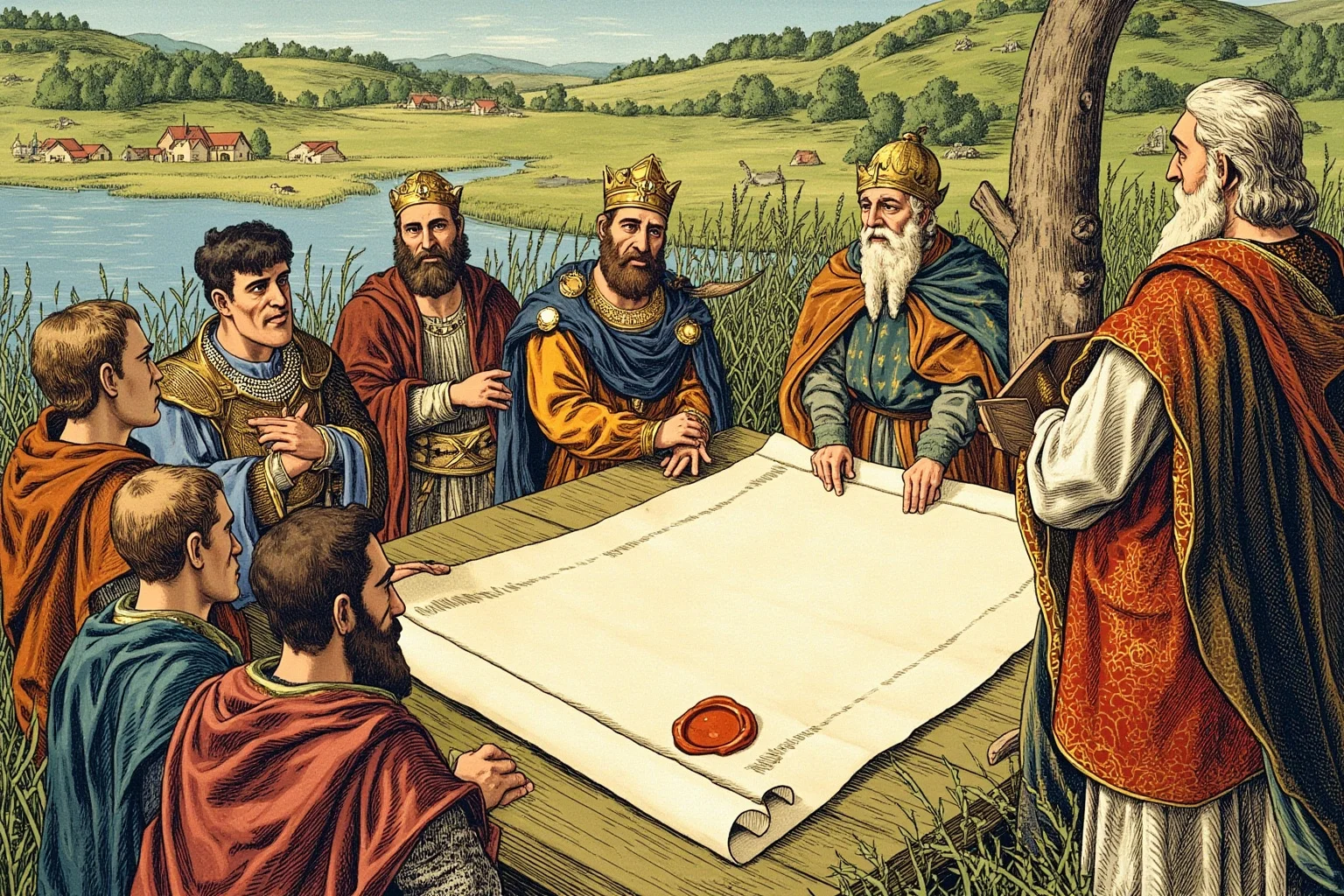 Illustrated scene of barons and a king gathered at a riverside meadow around a large parchment charter with a wax seal, medieval manuscript style