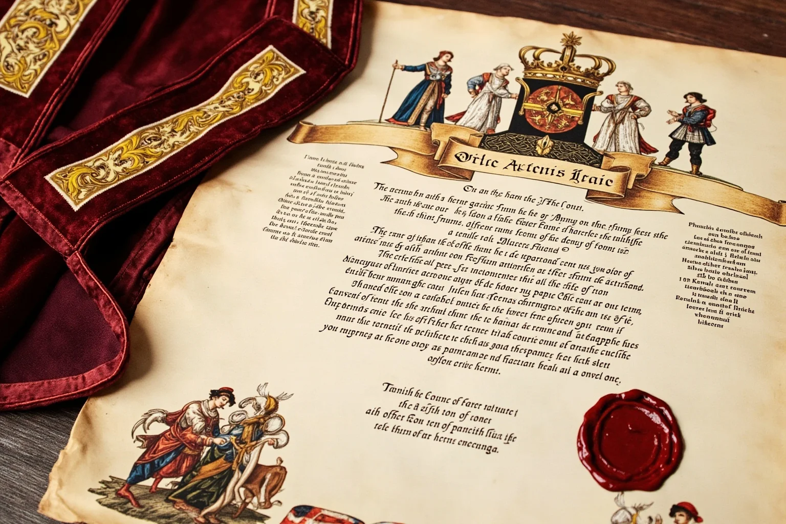 20 Facts About Anne Boleyn: Myths, History and Real Life 11 Illustrated Tudor charter scroll with a marquess's coronet and a red wax seal, with a ceremonial robe laid beside it