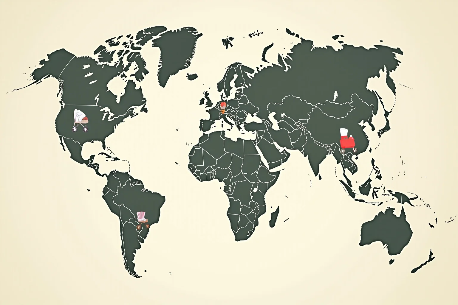 Illustrated world map with small icons of strollers over the US, Canada, Australia, the UK, France, and Japan in a vintage style