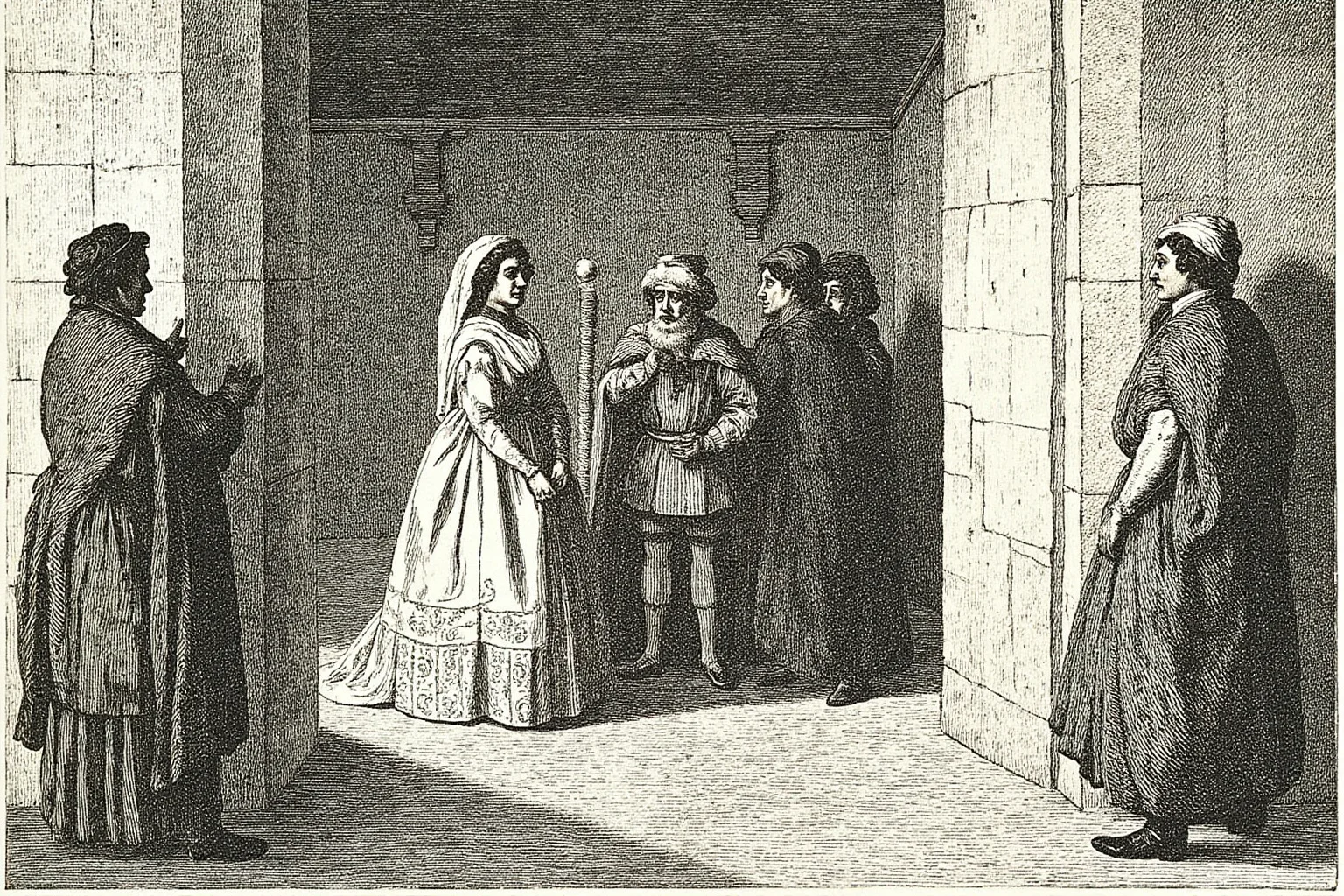 Illustration of a 1687 French wedding ceremony in a small stone chapel, a young bride in a gown and an official groom, baroque style