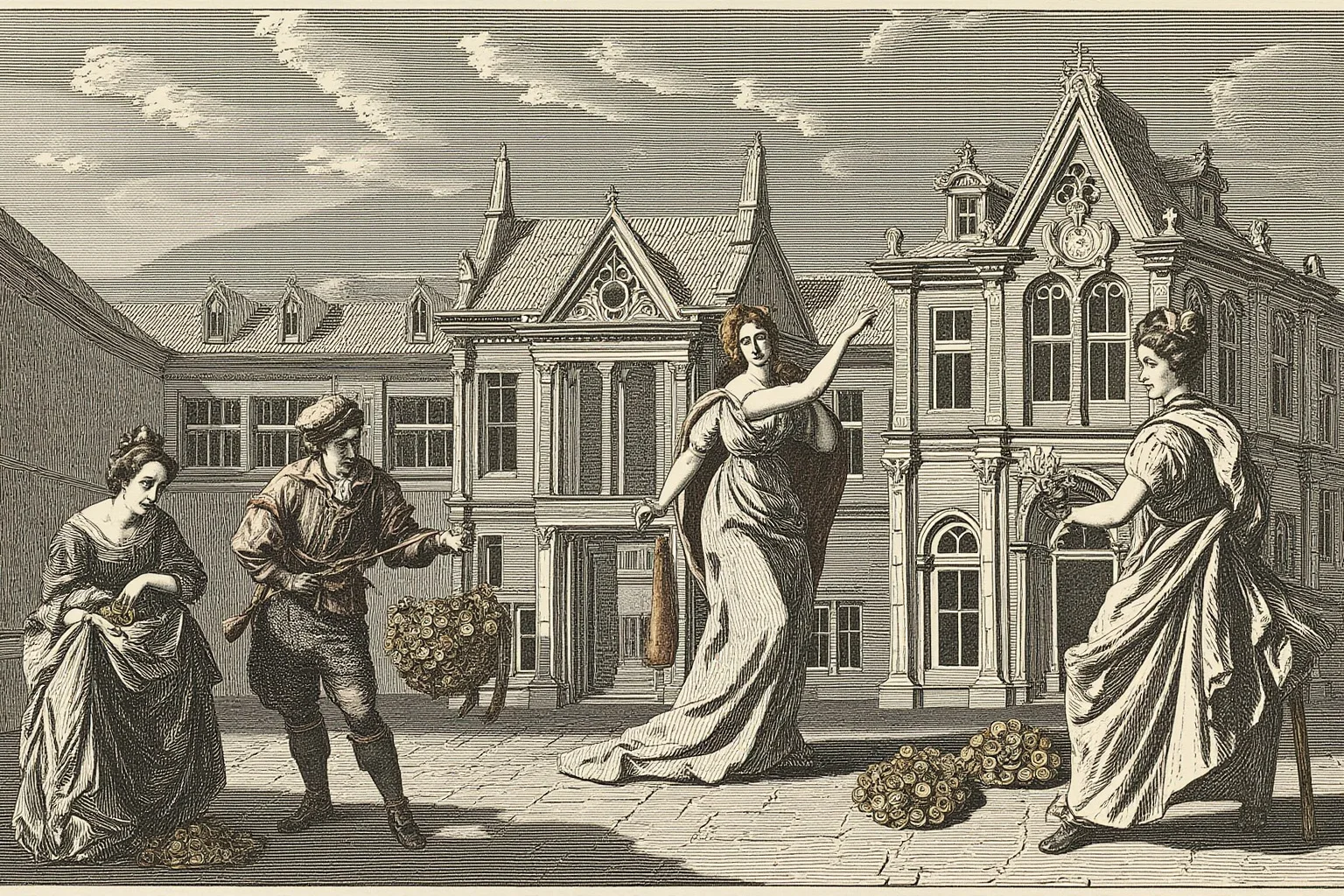 Illustration of a 17th-century prince's palace in Brussels with a messenger offering a heavy purse of coins to a defiant woman in a gown