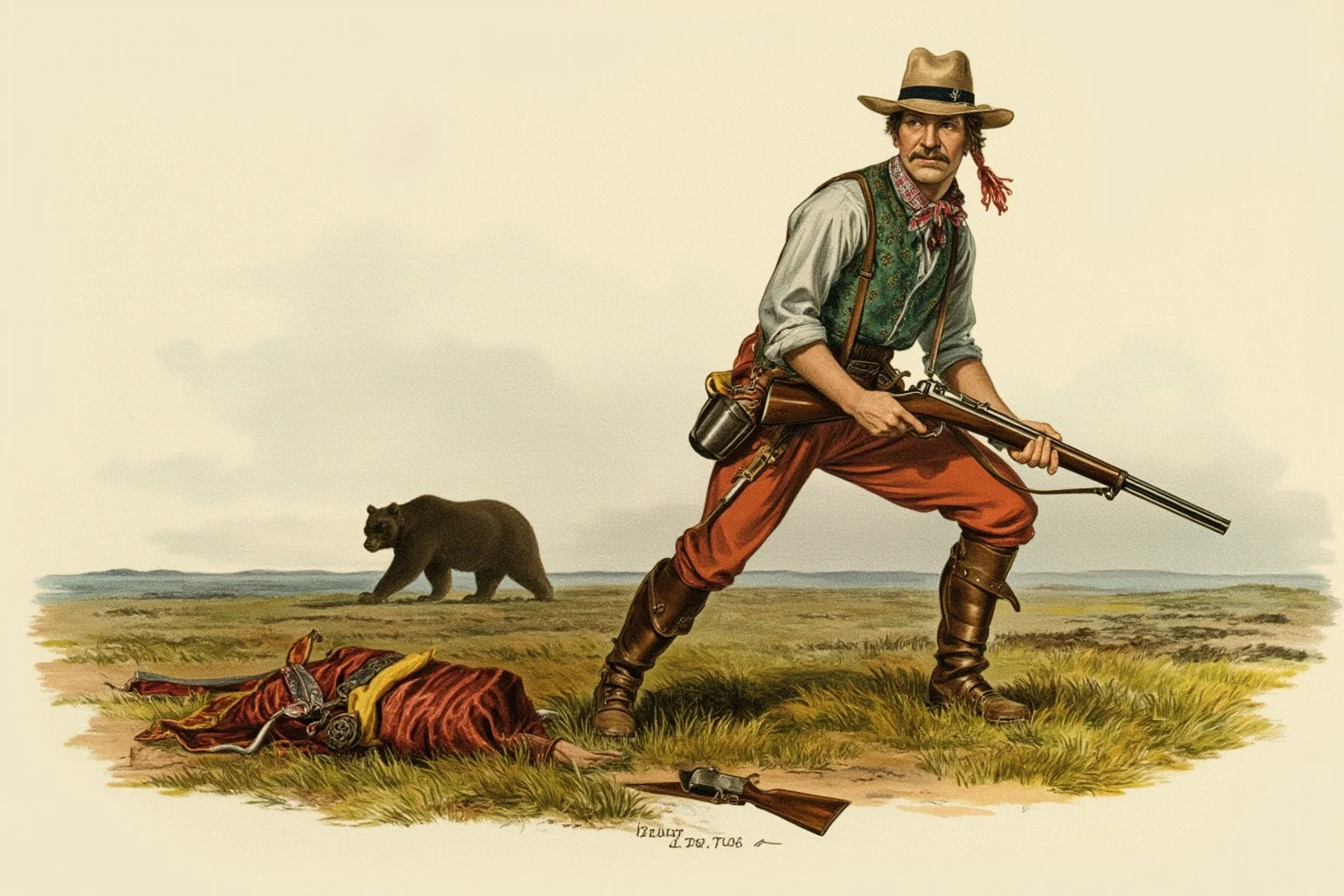 Illustration of a 1820s frontier trapper with a rifle wounded on the plains, a grizzly bear silhouette far behind him, painterly style