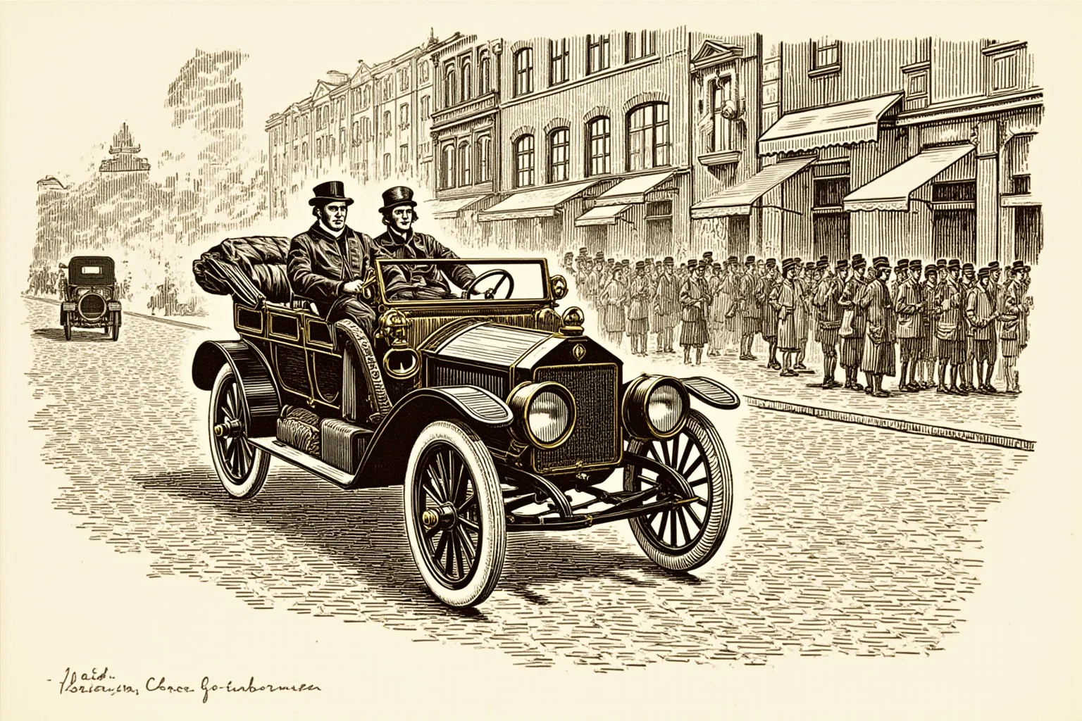Illustration of a 1914 open-top touring car on a cobbled Sarajevo street with a crowd and period buildings, sepia tone, no faces in detail