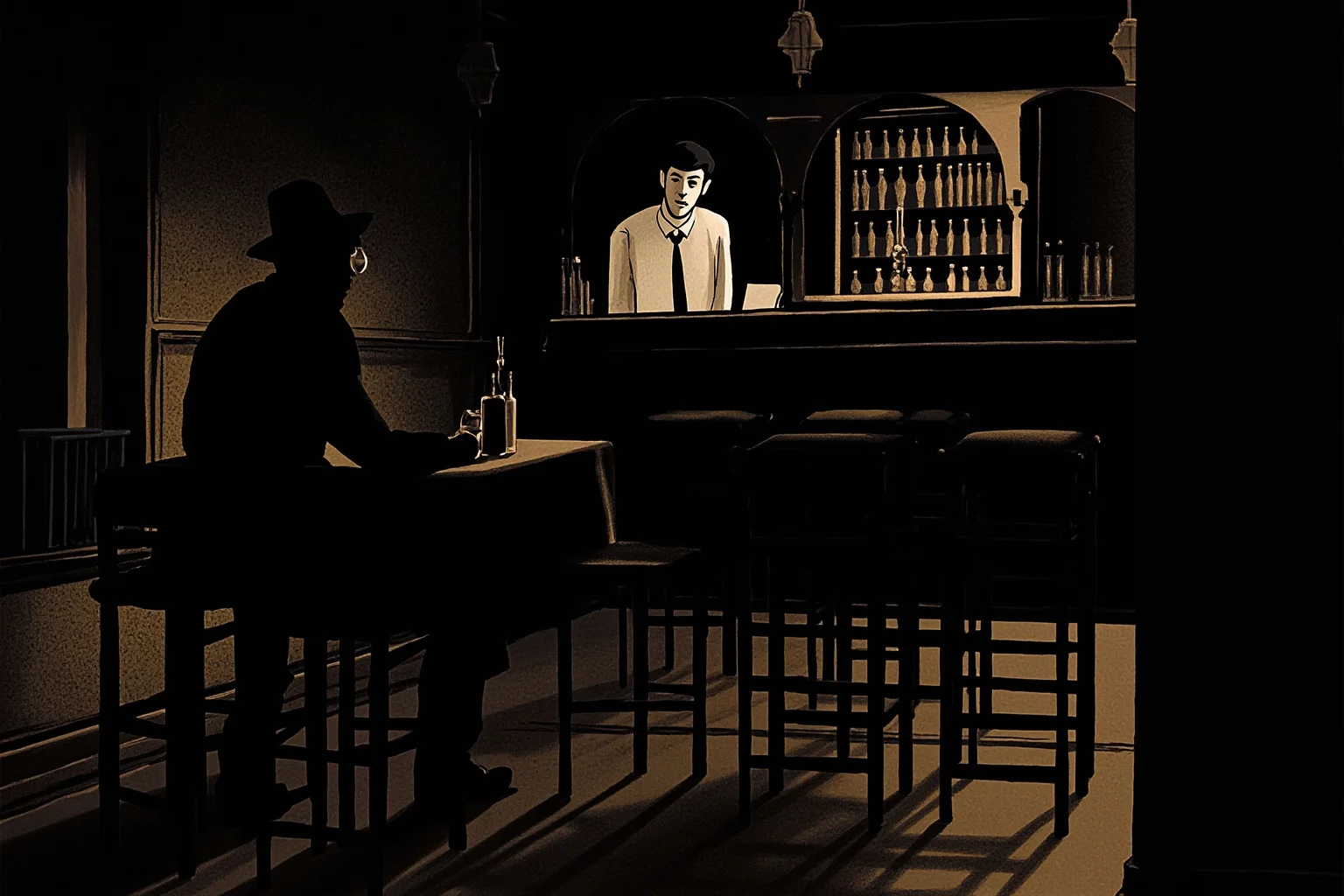 Illustration of a 1930s Prohibition-era New York speakeasy interior with a bar, stools and a lone man at a table, noir style