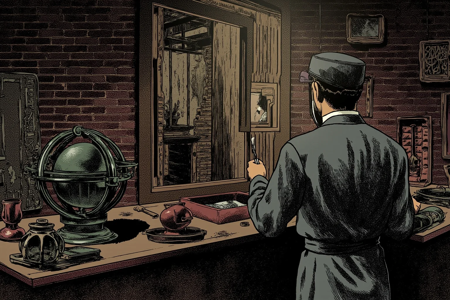 Illustration of a 1940s laboratory with lead bricks, a metal sphere and a scientist with a screwdriver seen from behind, tense and muted palette