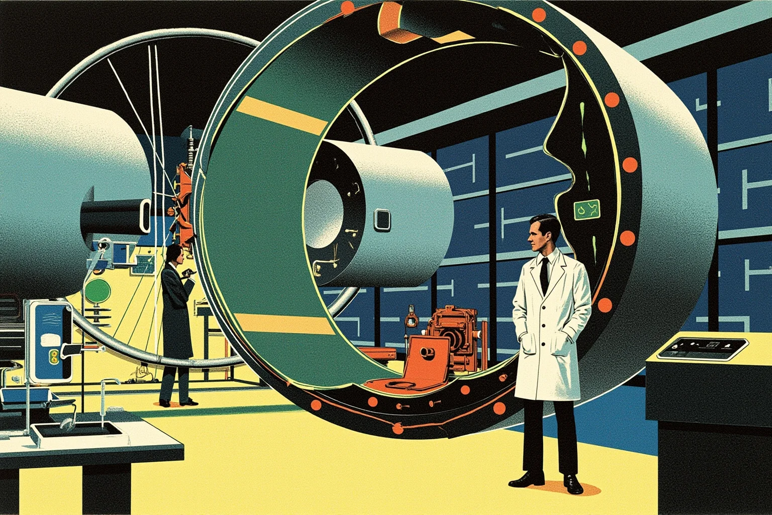 Illustration of a 1970s physics laboratory with a large ring-shaped particle accelerator and a scientist in a lab coat, retro Soviet style