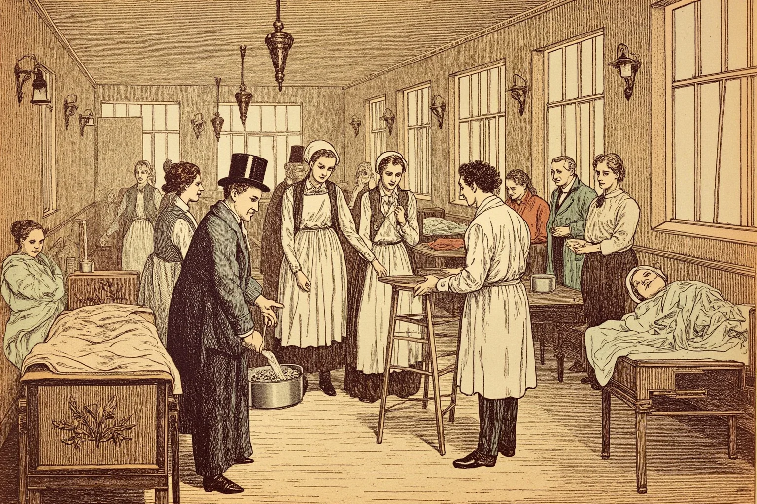Illustration of a 19th-century hospital ward in Vienna with a doctor washing hands in a basin as nurses and patients look on, warm sepia tones