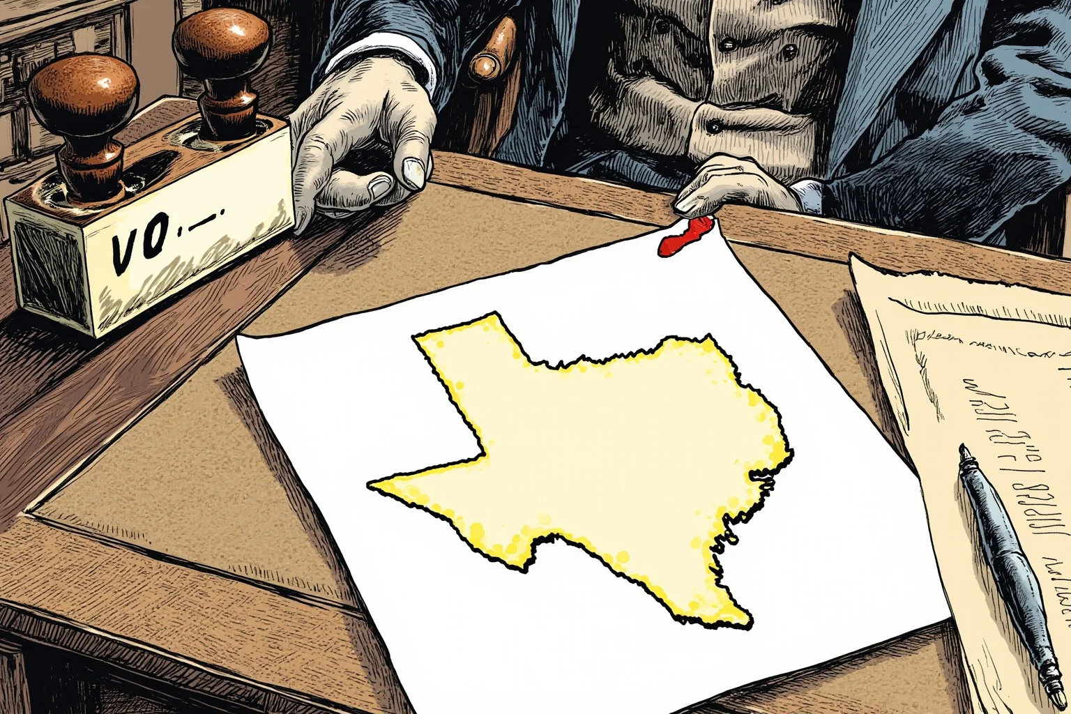 Illustration of a 19th-century president's desk with a veto stamp, a map of Texas, and a quill pen, subtle political cartoon style