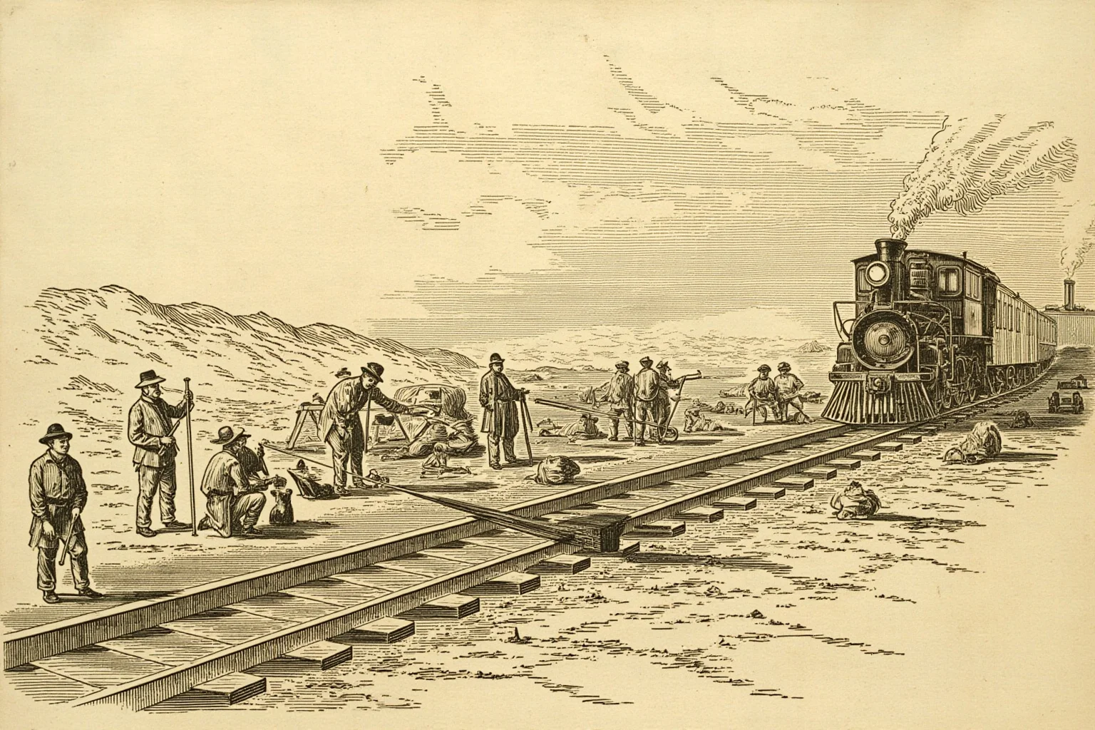Illustration of a 19th-century railroad construction site with workers, a long iron rod and a steam locomotive, sepia tones