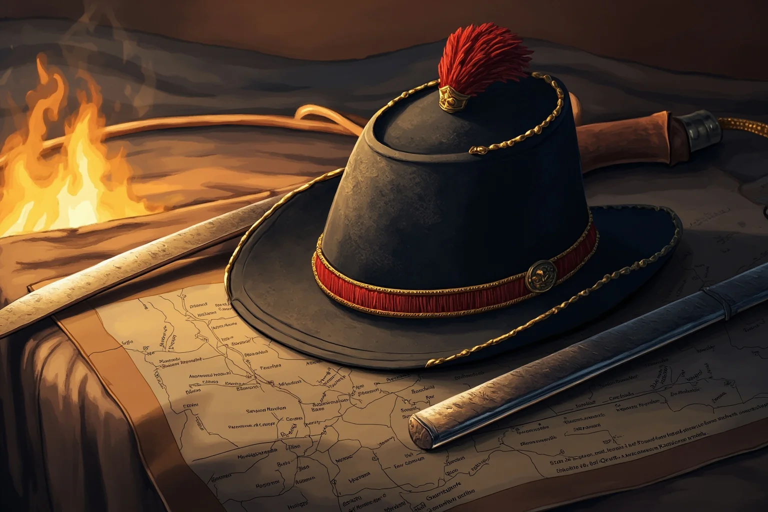 Illustration of a battle-worn general's hat and sword resting on a camp table next to a Mexican-American War map, dusk lighting