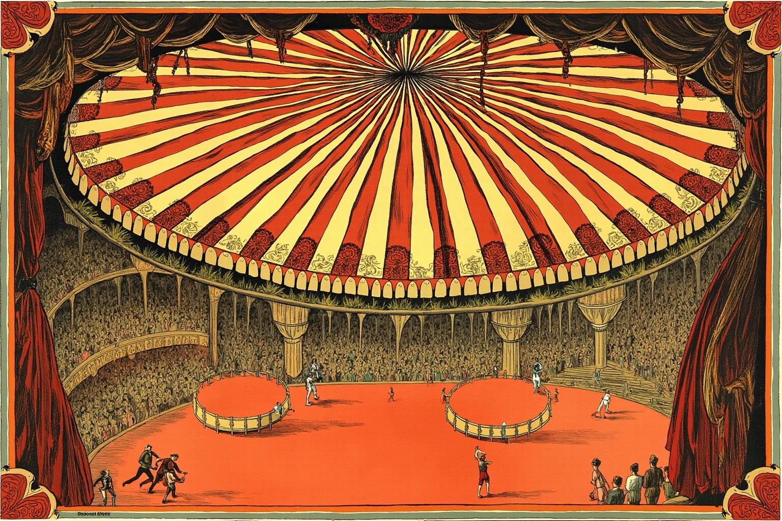Illustration of a big top circus tent interior with three separate performance rings and acrobats mid-act, vintage poster style