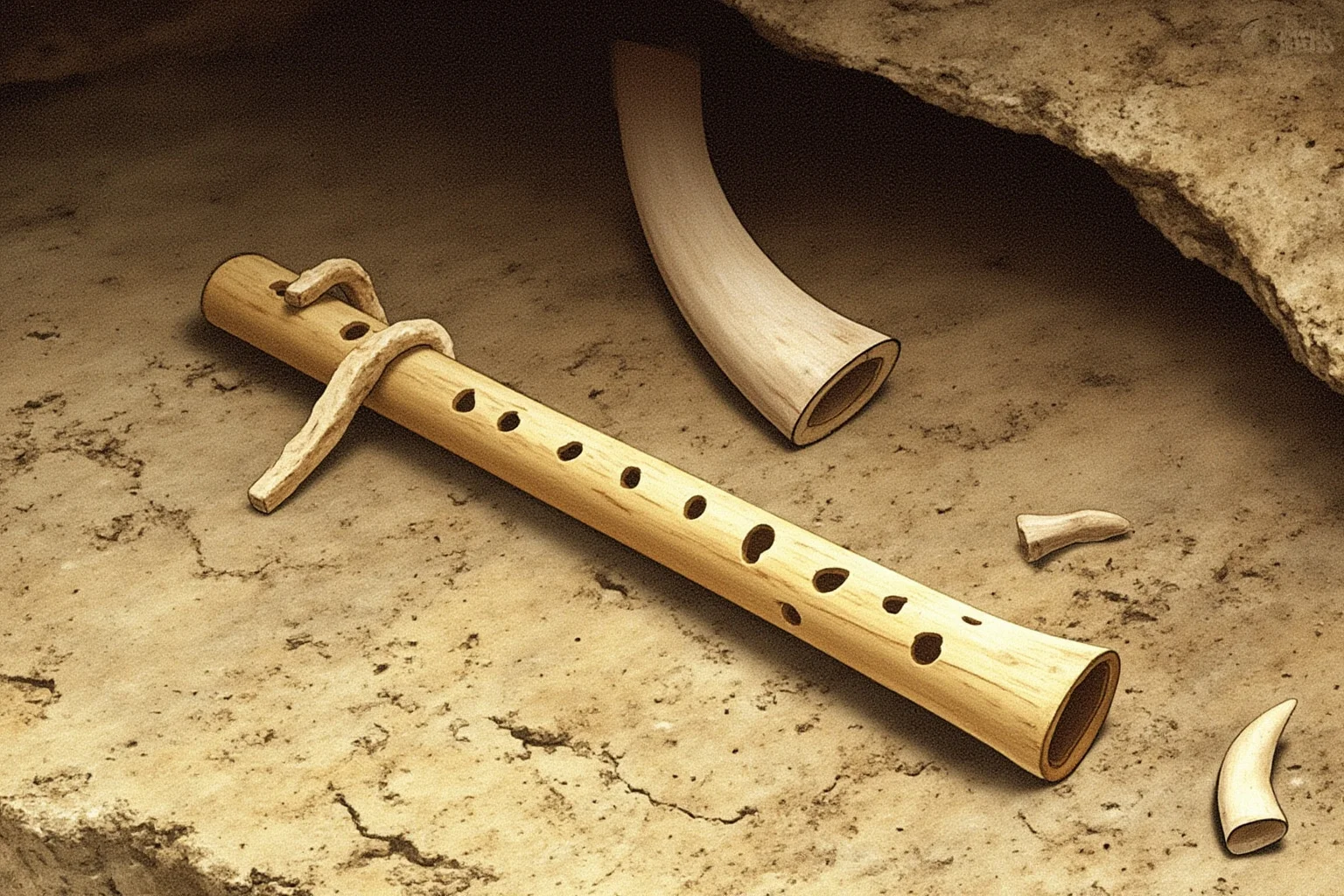 24 Facts About Prehistoric Humans 14 Illustration of a bone flute with finger holes resting on a cave floor beside mammoth ivory fragments.