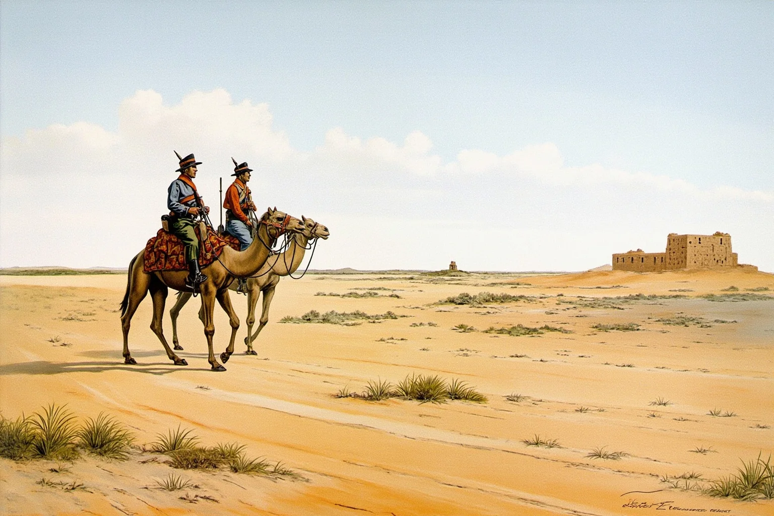 Illustration of a camel corps patrol crossing the arid Somaliland landscape in 1914 with a mud-brick fort in the distance