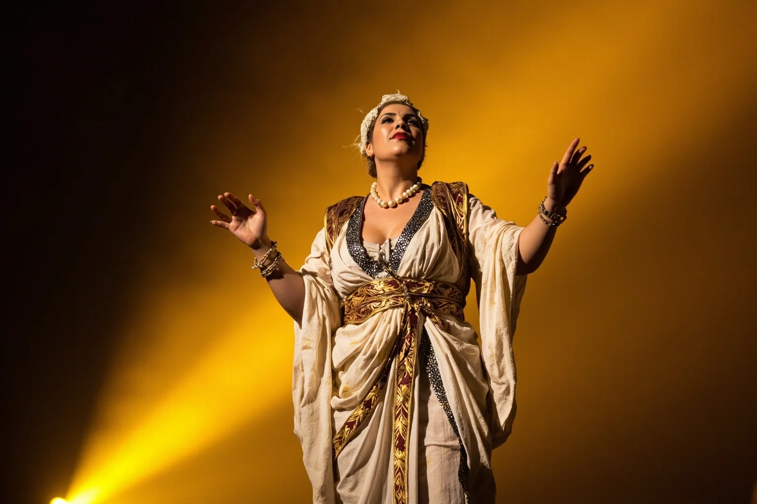 Illustration of a contralto opera singer in a Greek-inspired baroque costume mid-aria, gesturing dramatically, golden theatrical lighting