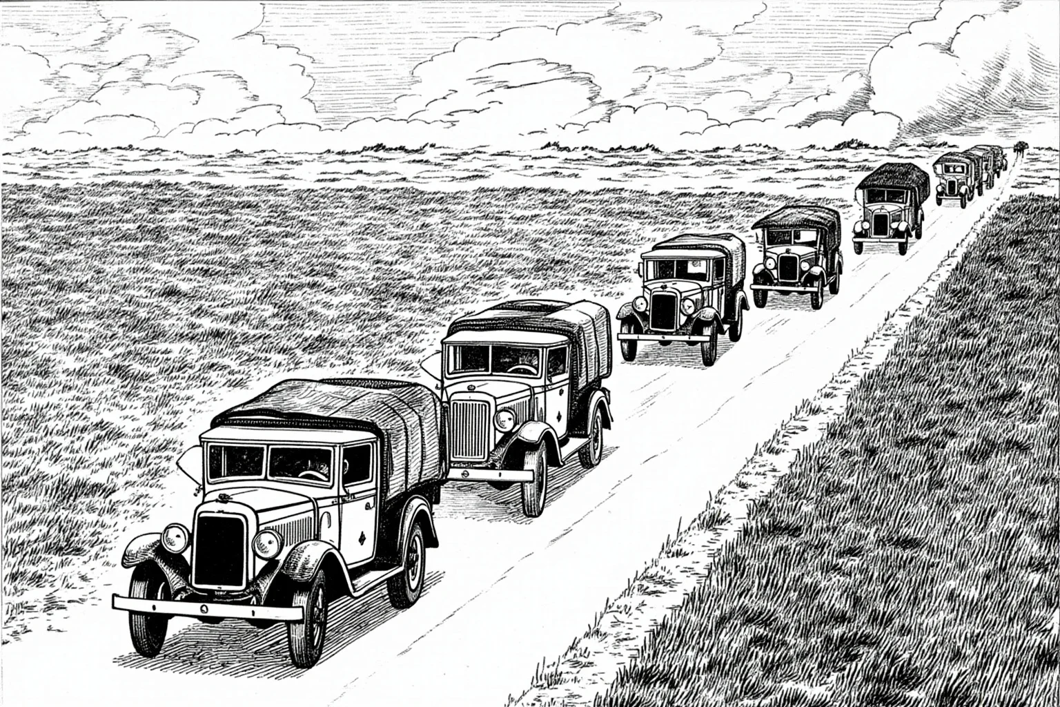 Illustration of a convoy of vehicles on a dusty road in September 1939 heading toward the Romanian border, with distant smoke on the horizon