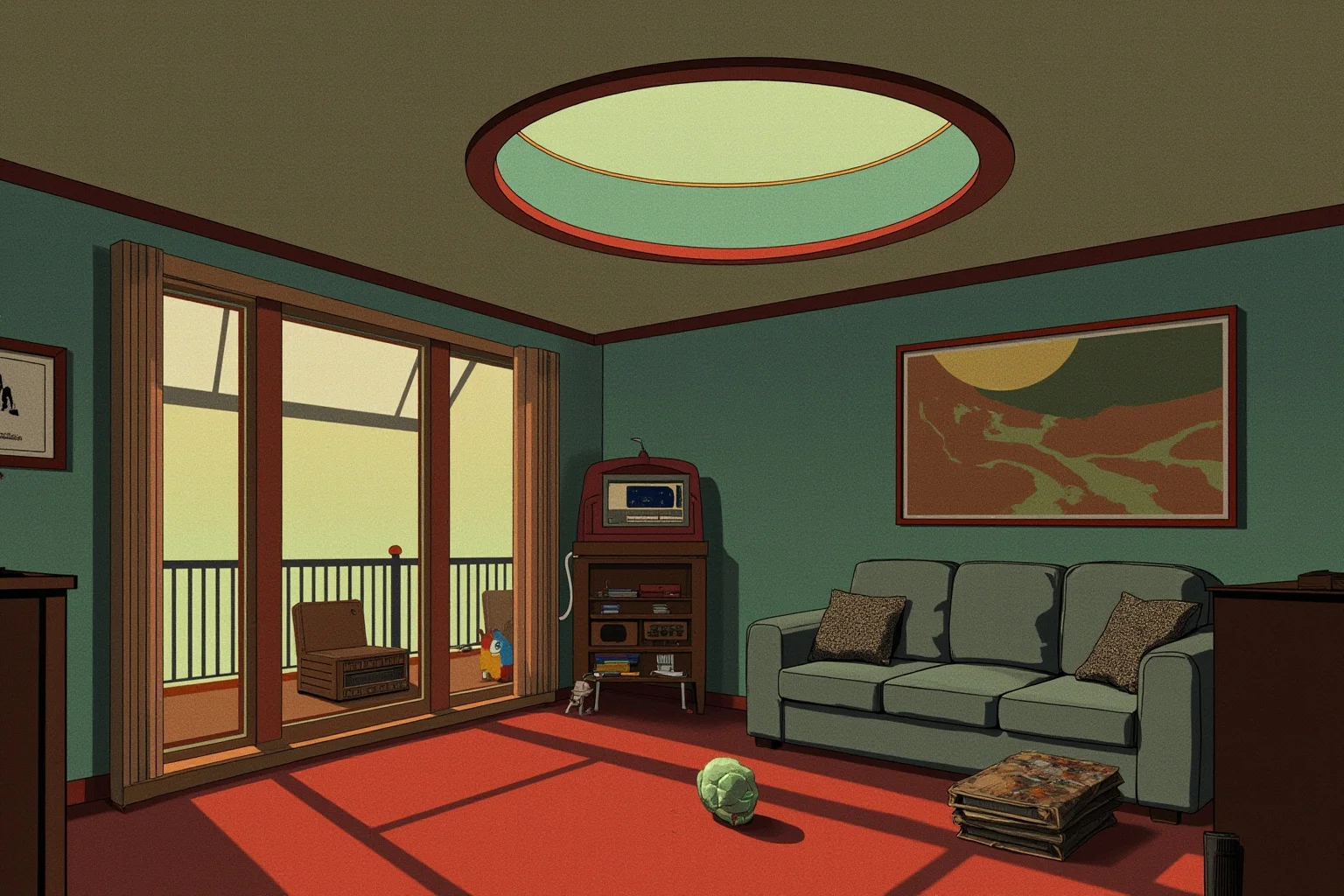 Illustration of a cozy 1950s living room with a hole in the ceiling, a vintage radio and a small glowing space rock on the floor