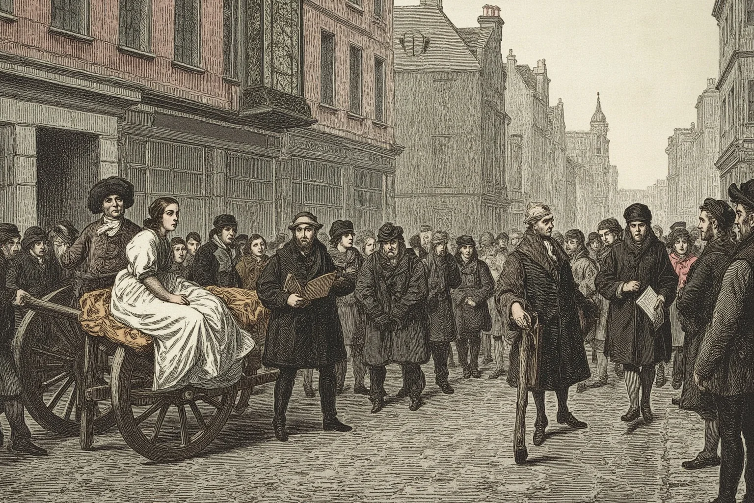 Executions Gone Horribly Wrong: 28 Botched Executions That Shocked History 10 Illustration of a crowded 18th-century Edinburgh street with a cart and a woman sitting up in it, shocked onlookers, wet cobblestones, muted tones.