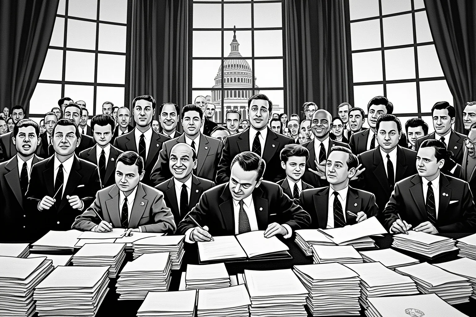 Illustration of a crowded 1960s signing ceremony table with many pens, stacks of legislation, and a Capitol dome visible through a tall window, documentary poster style